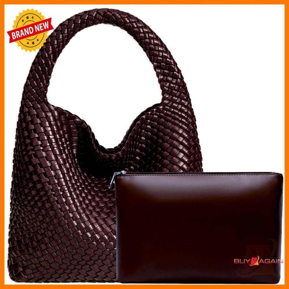 Vegan Leather Woven Hobo Tote Shoulder Bag with Purse Compartments